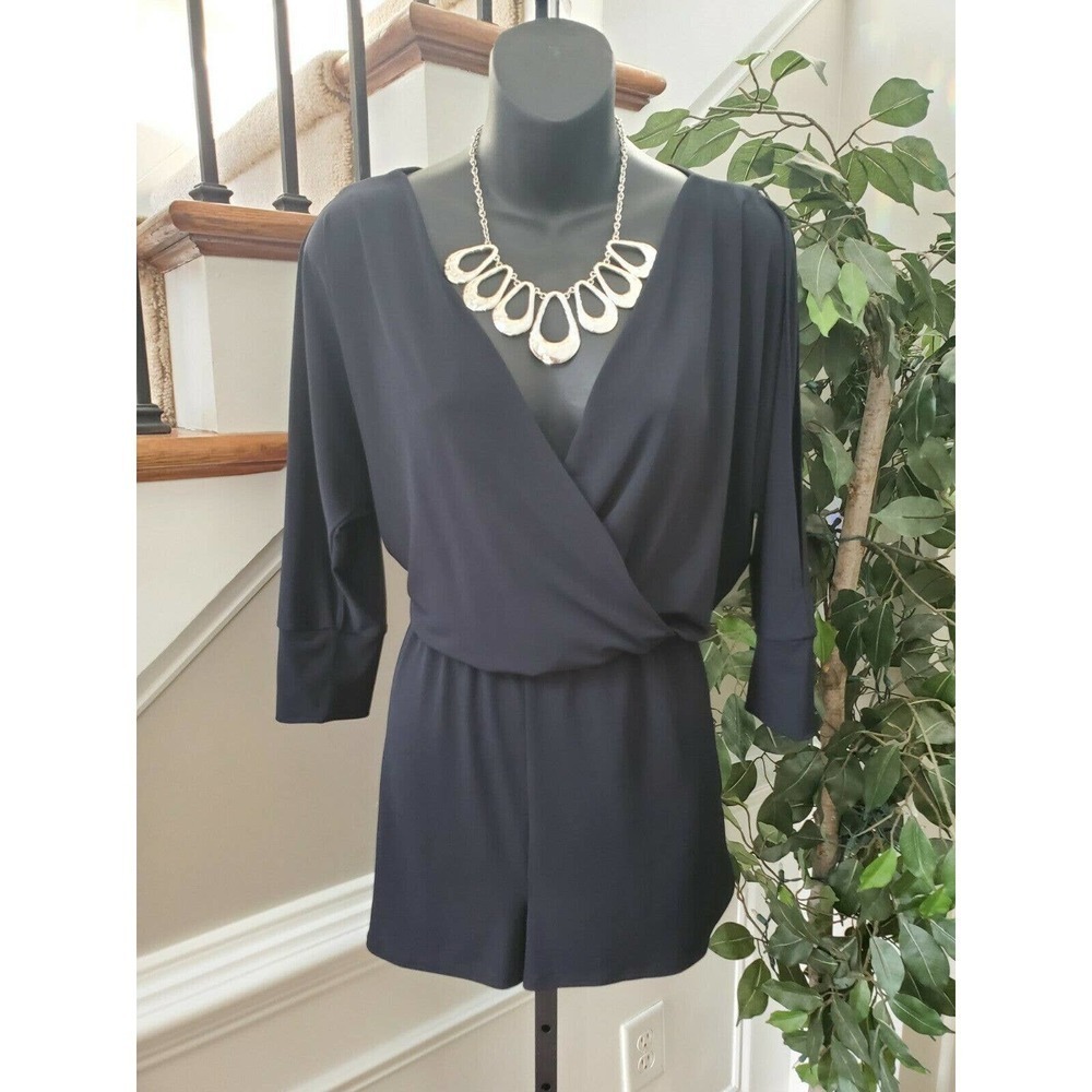 C Women's Solid Black Polyester V-Neck Cold Shoulder Sleeve Casual Romper Size S